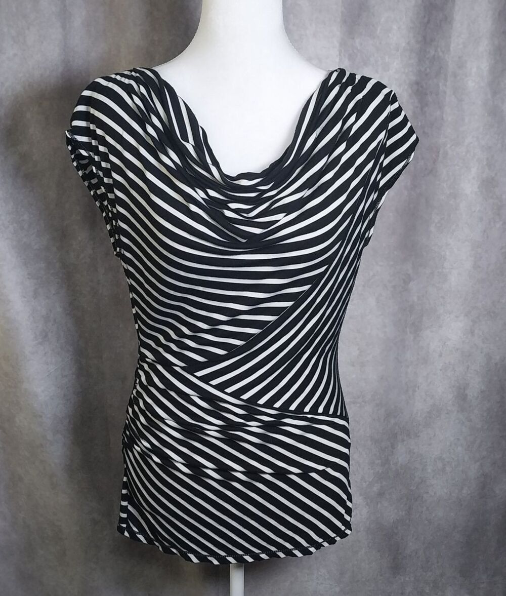 Max Studio Womens Black White Striped Cowl Neck Top Short Sleeve Ruched Size Med